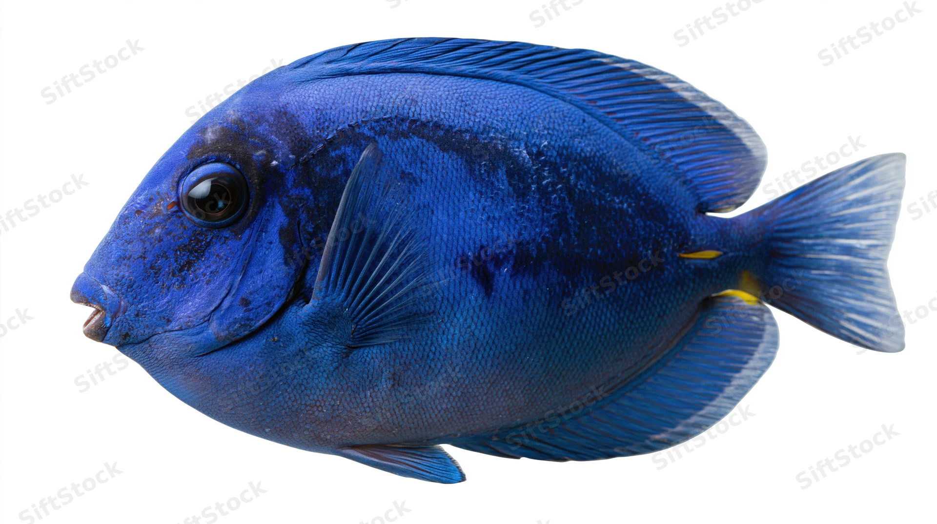 Blue tang surgeonfish in side profile isolated on white background
