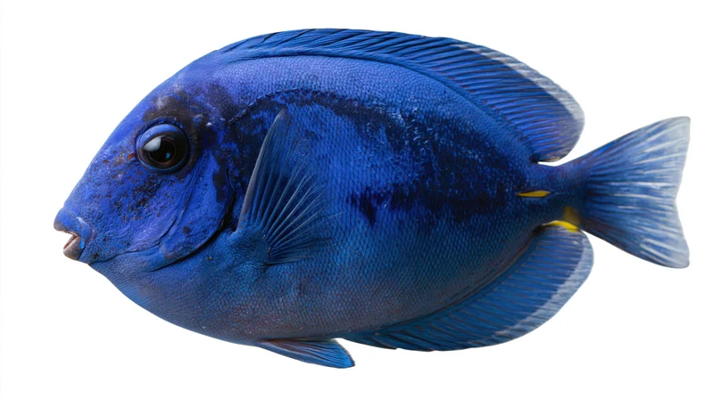 Blue tang surgeonfish in side profile isolated on white background