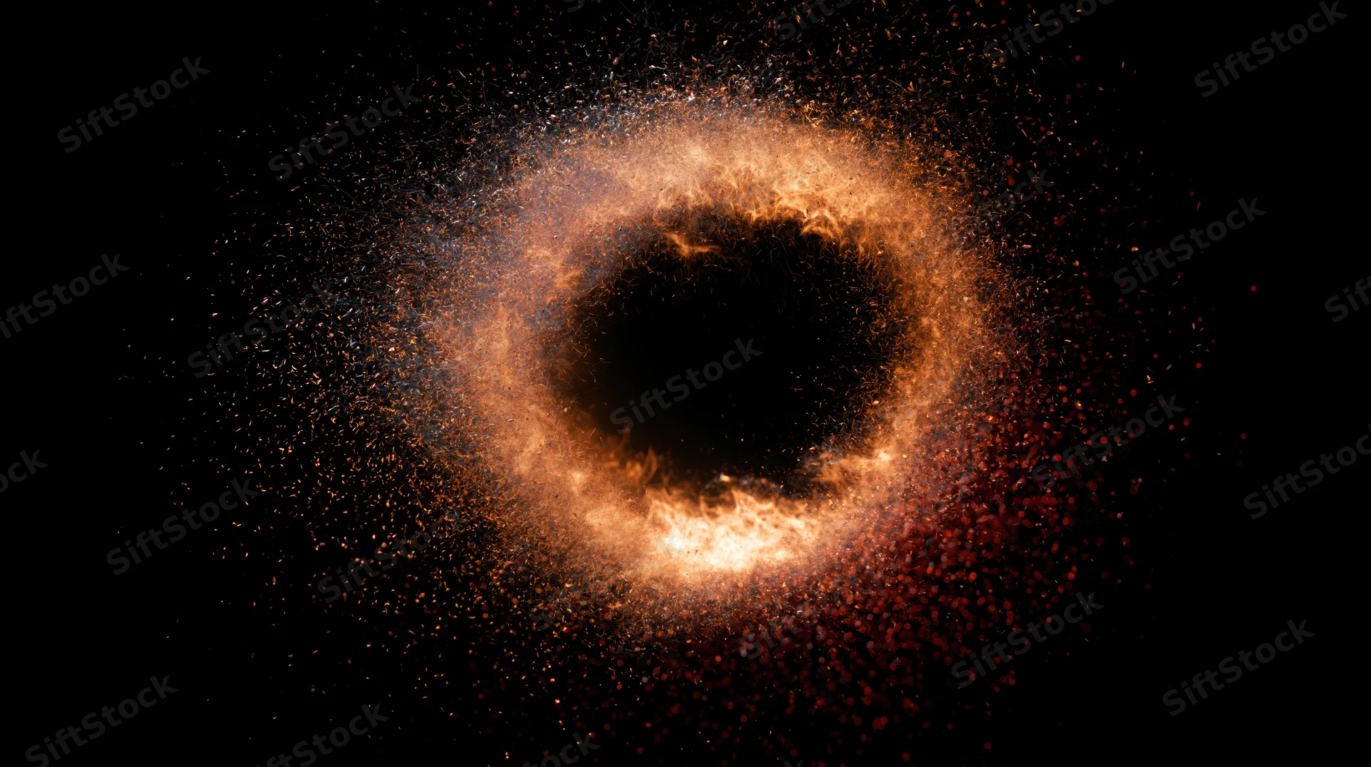 Fiery explosion bursting outward with glowing embers and sparks against dark background