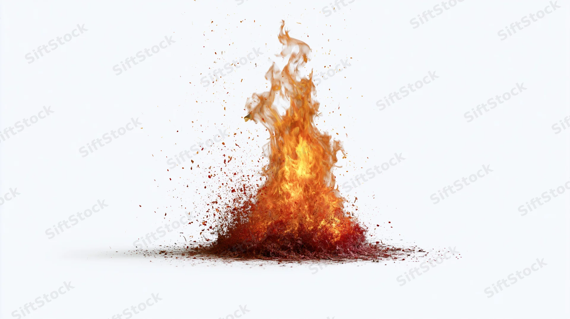 Burst of open flame rising from flat surface on white background