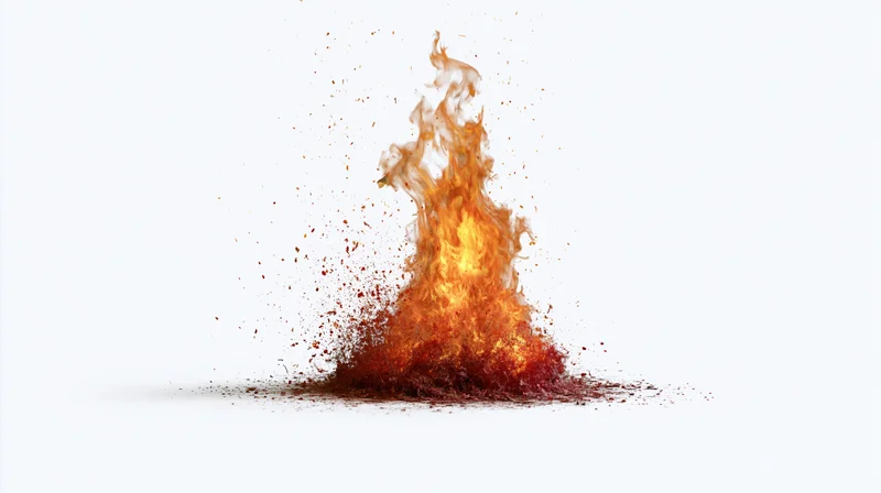 Burst of open flame rising from flat surface on white background