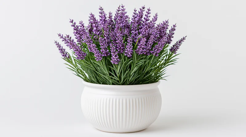 Lavender plant in full bloom in a white ribbed ceramic pot on a plain white surface