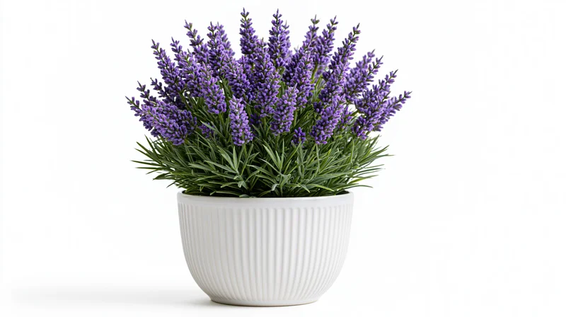 Bushy lavender plant in full bloom in a white ribbed ceramic pot on a plain white background