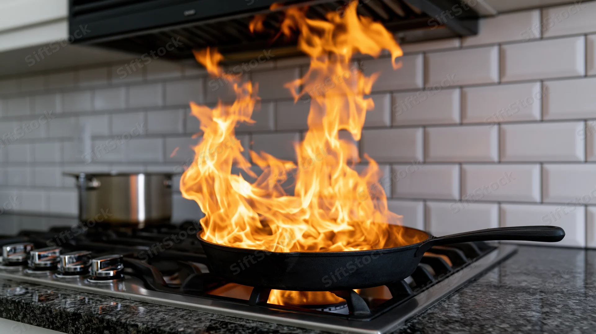 Cast iron skillet with tall flames on gas stove in kitchen