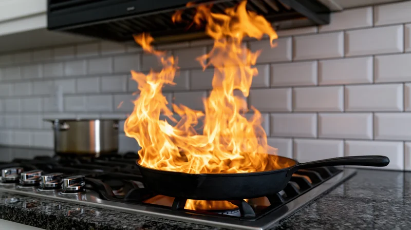 Cast iron skillet with tall flames on gas stove in kitchen