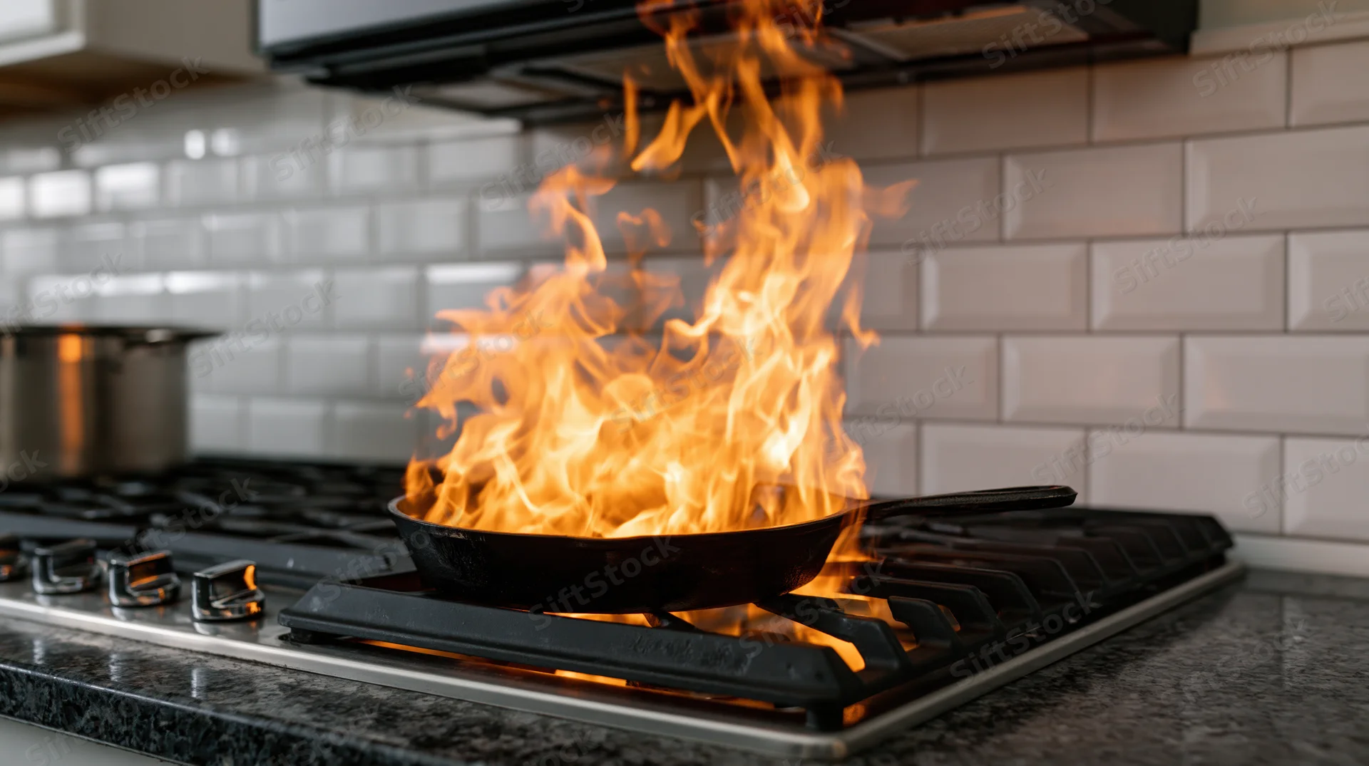 Cast iron skillet engulfed in tall flames on a gas stove in a kitchen