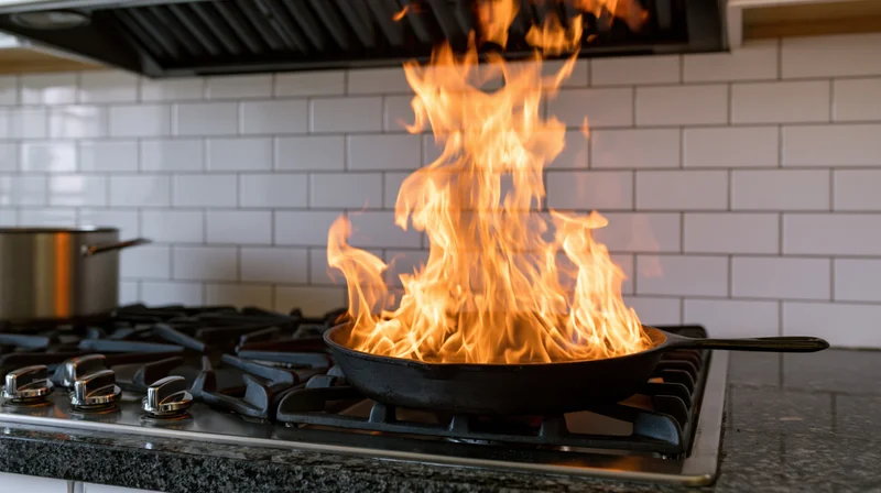 Cast iron skillet with tall flames on gas stove in kitchen