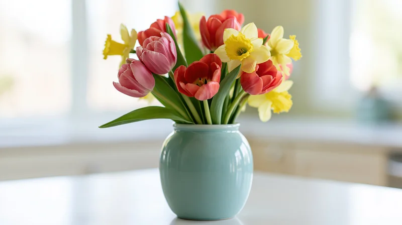Mixed bouquet of tulips and daffodils in a pale blue-green ceramic vase on a white table near a window