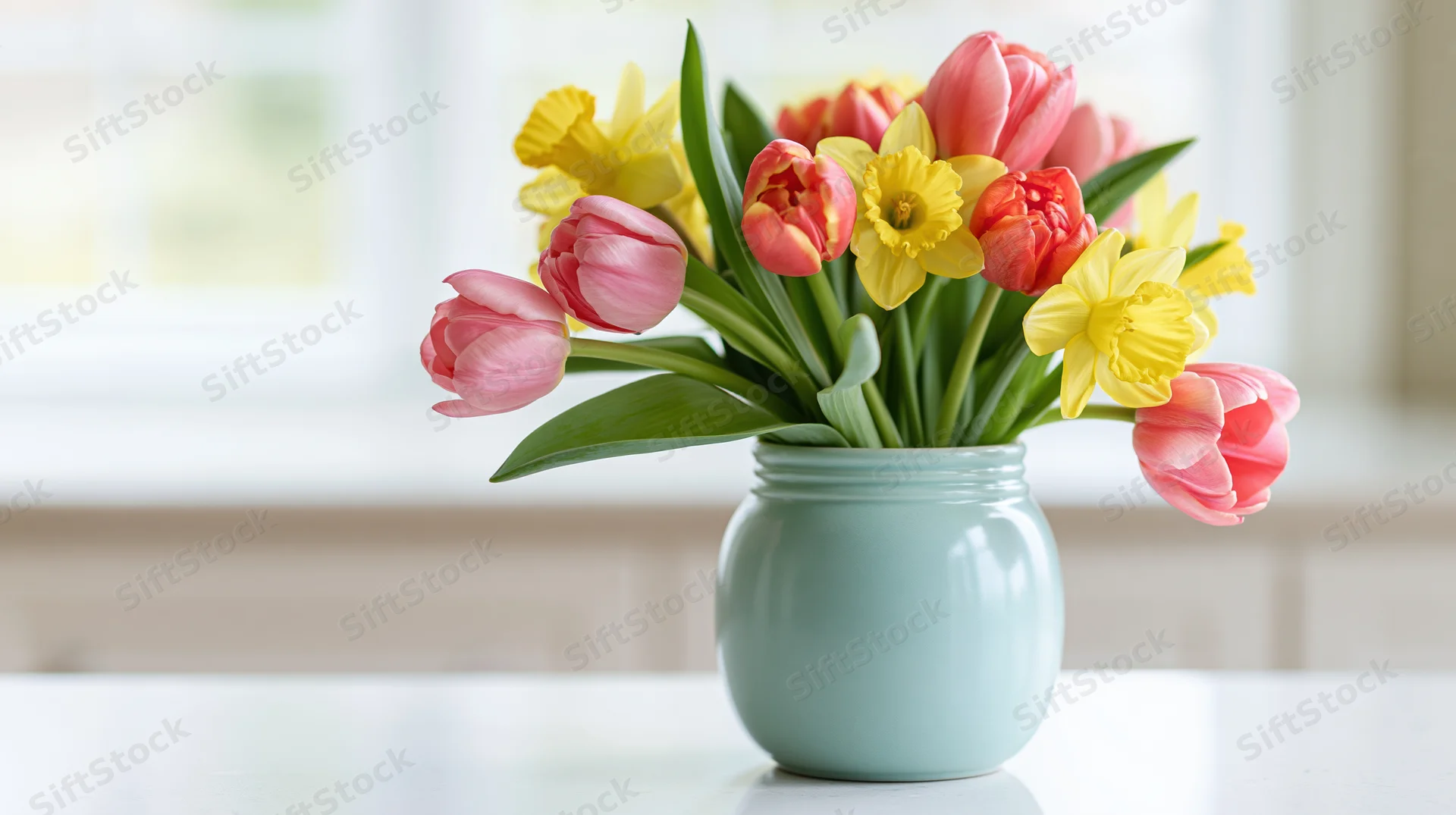 Mixed bouquet of pink tulips and yellow daffodils in a pale blue-green ceramic vase on a countertop near a window