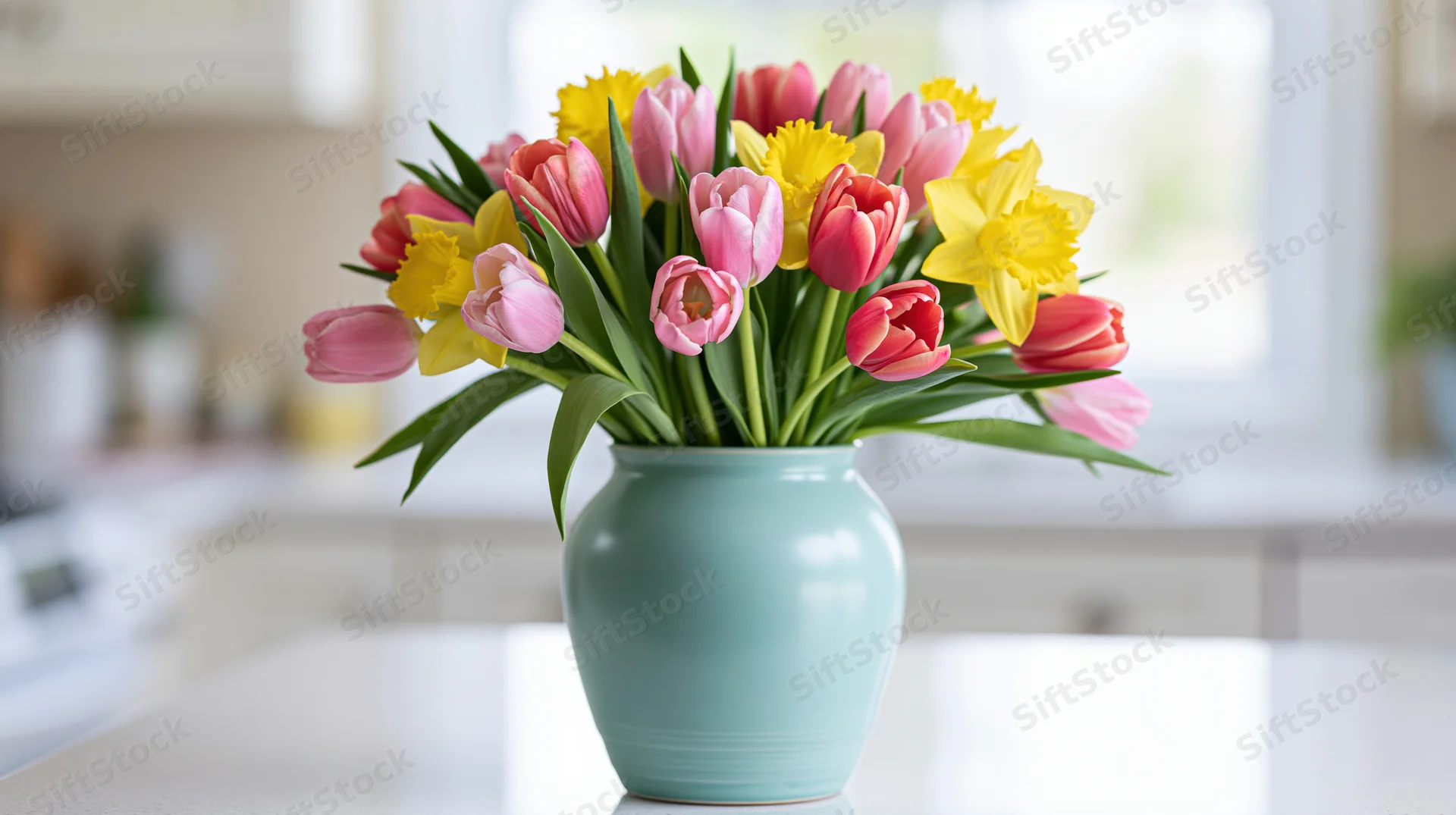 Mixed bouquet of pink tulips and yellow daffodils in a pale blue-green ceramic vase on a kitchen countertop