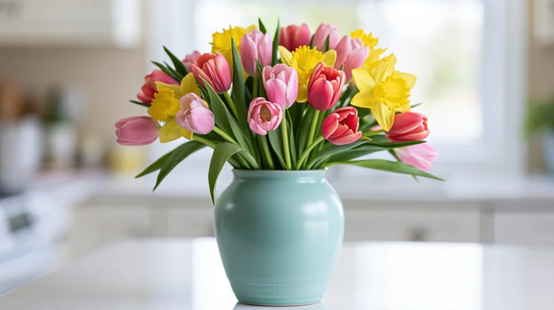 Mixed bouquet of pink tulips and yellow daffodils in a pale blue-green ceramic vase on a kitchen countertop