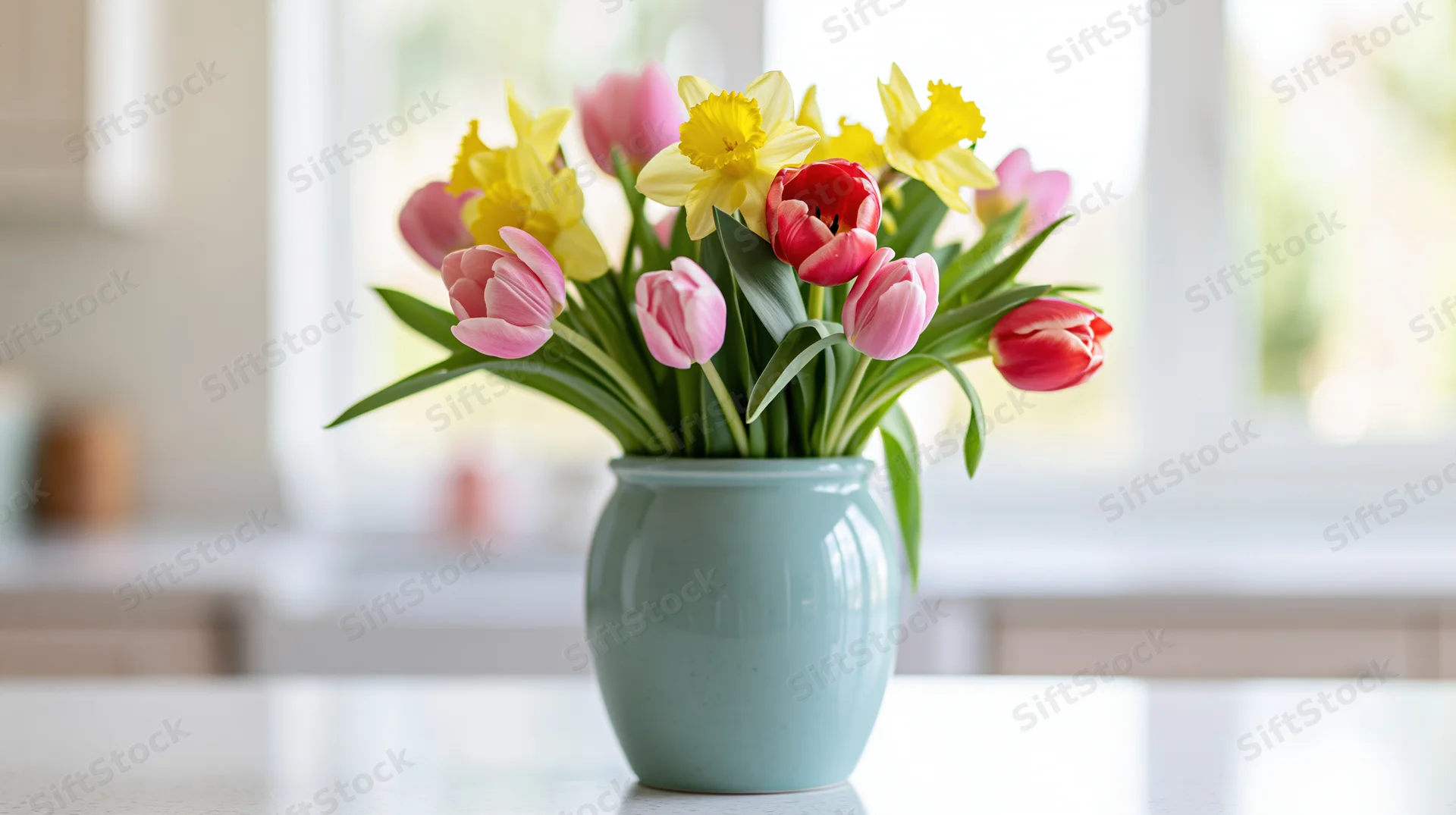 Mixed bouquet of tulips and daffodils in a pale blue-green ceramic vase on a kitchen countertop near a window