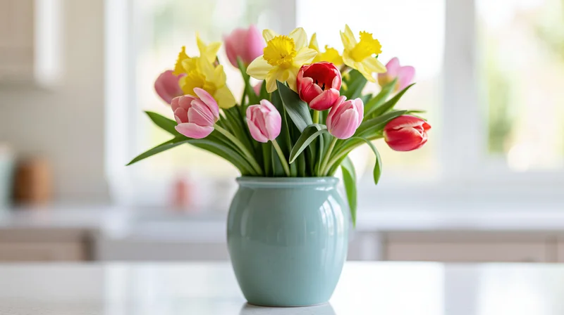 Mixed bouquet of tulips and daffodils in a pale blue-green ceramic vase on a kitchen countertop near a window
