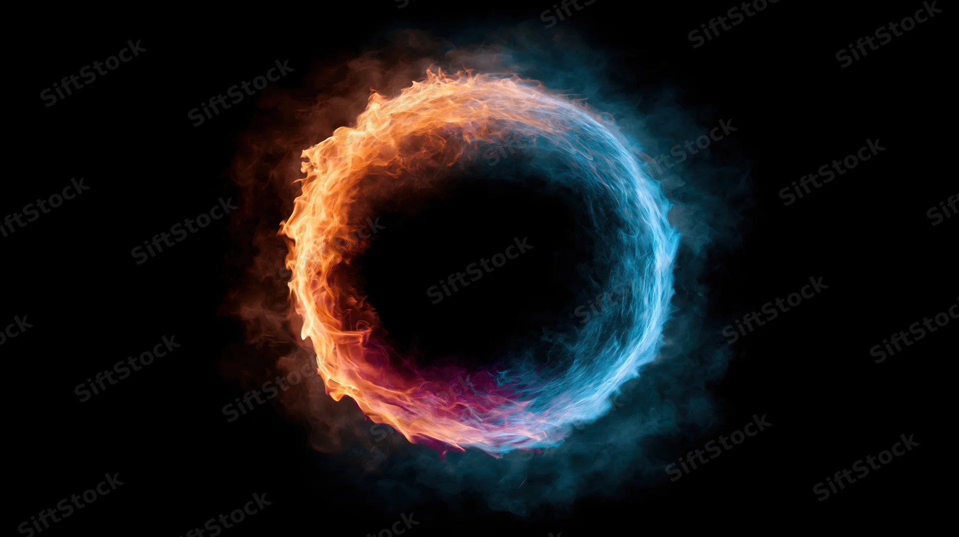 Circular ring of fire and glowing energy swirling against black background