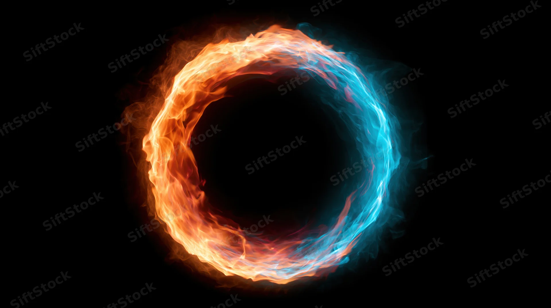Circular ring of fire and glowing blue energy swirling against black background