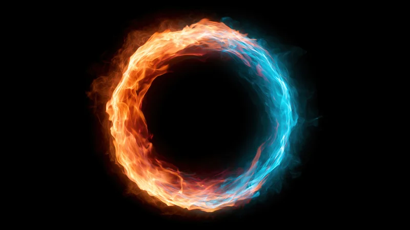 Circular ring of fire and glowing blue energy swirling against black background