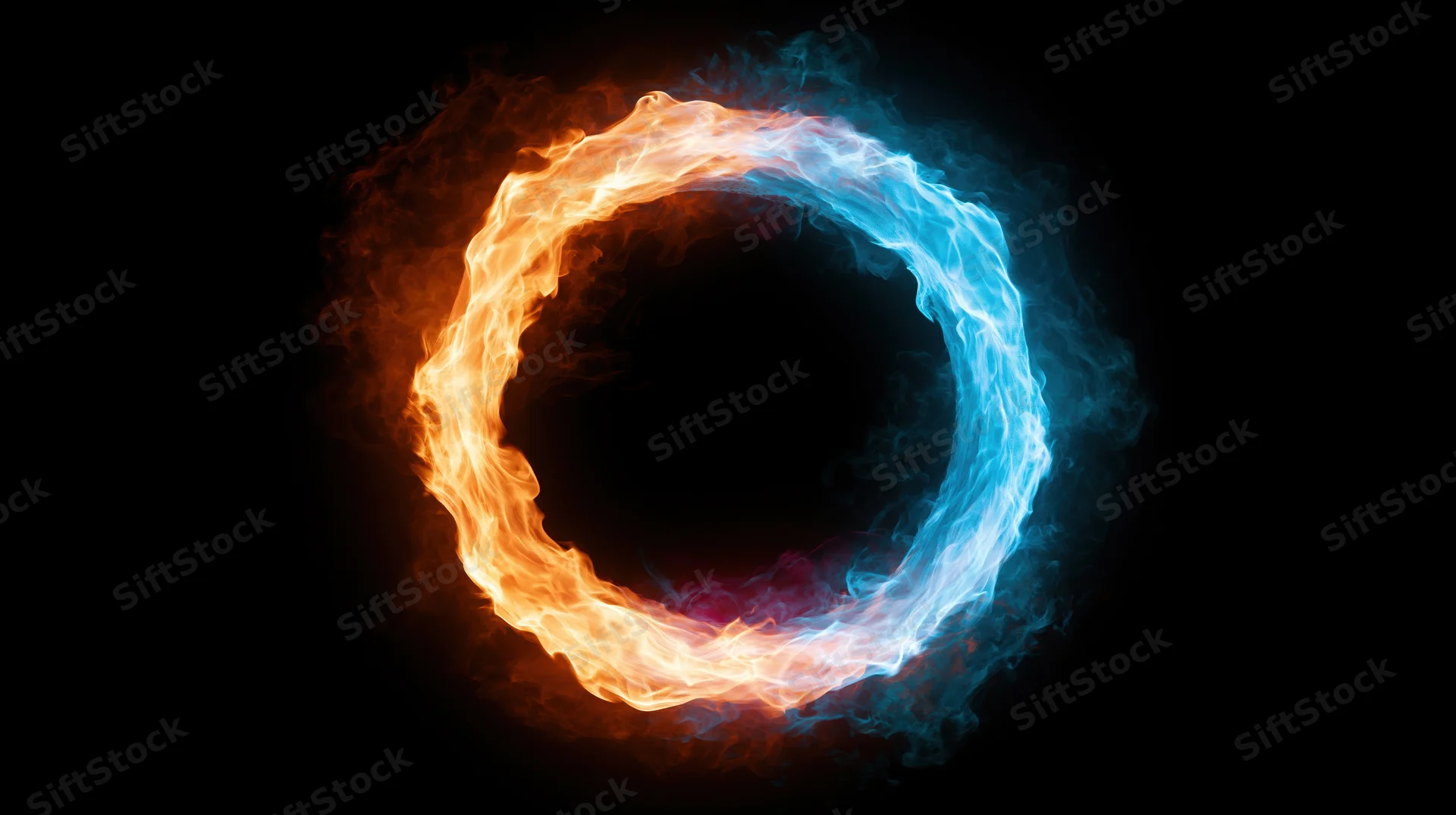 Circular ring of fire and glowing energy against dark background