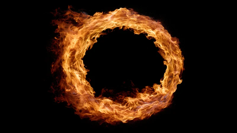 Circular ring of fire burning brightly against a black background
