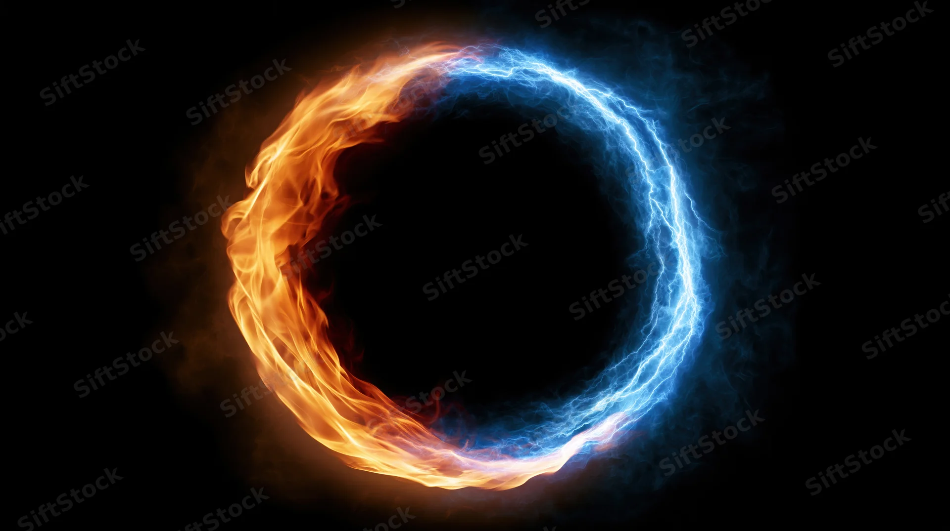 Circular ring of fire and electric energy glowing against dark background