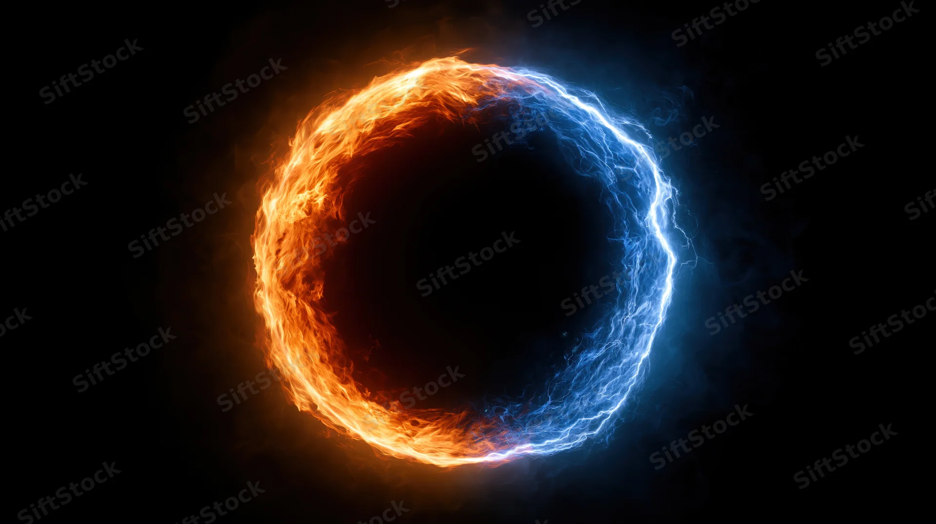 Circular ring of fire and electric energy glowing in dark space