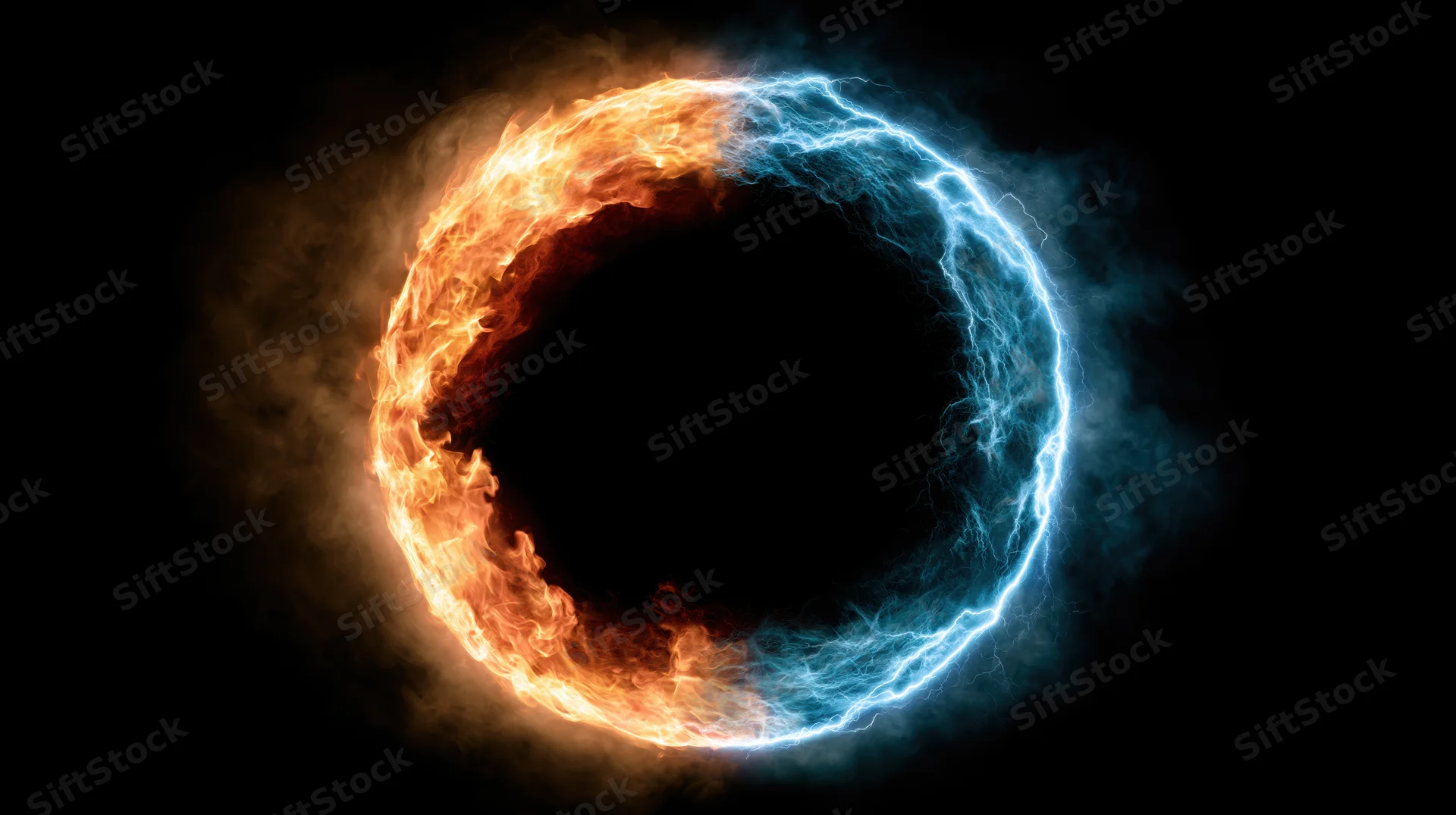 Circular ring of fire and electric energy glowing against dark background