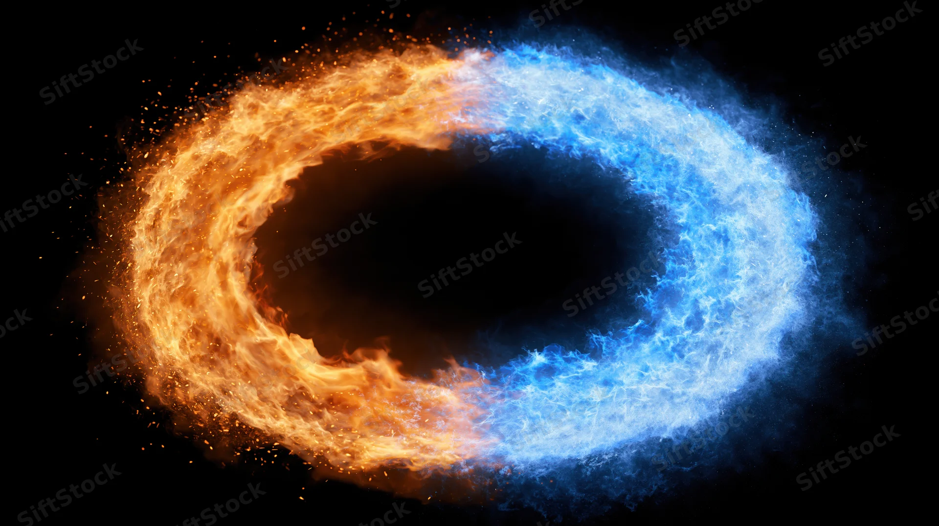 Circular ring of flame split between orange fire and icy blue against black space