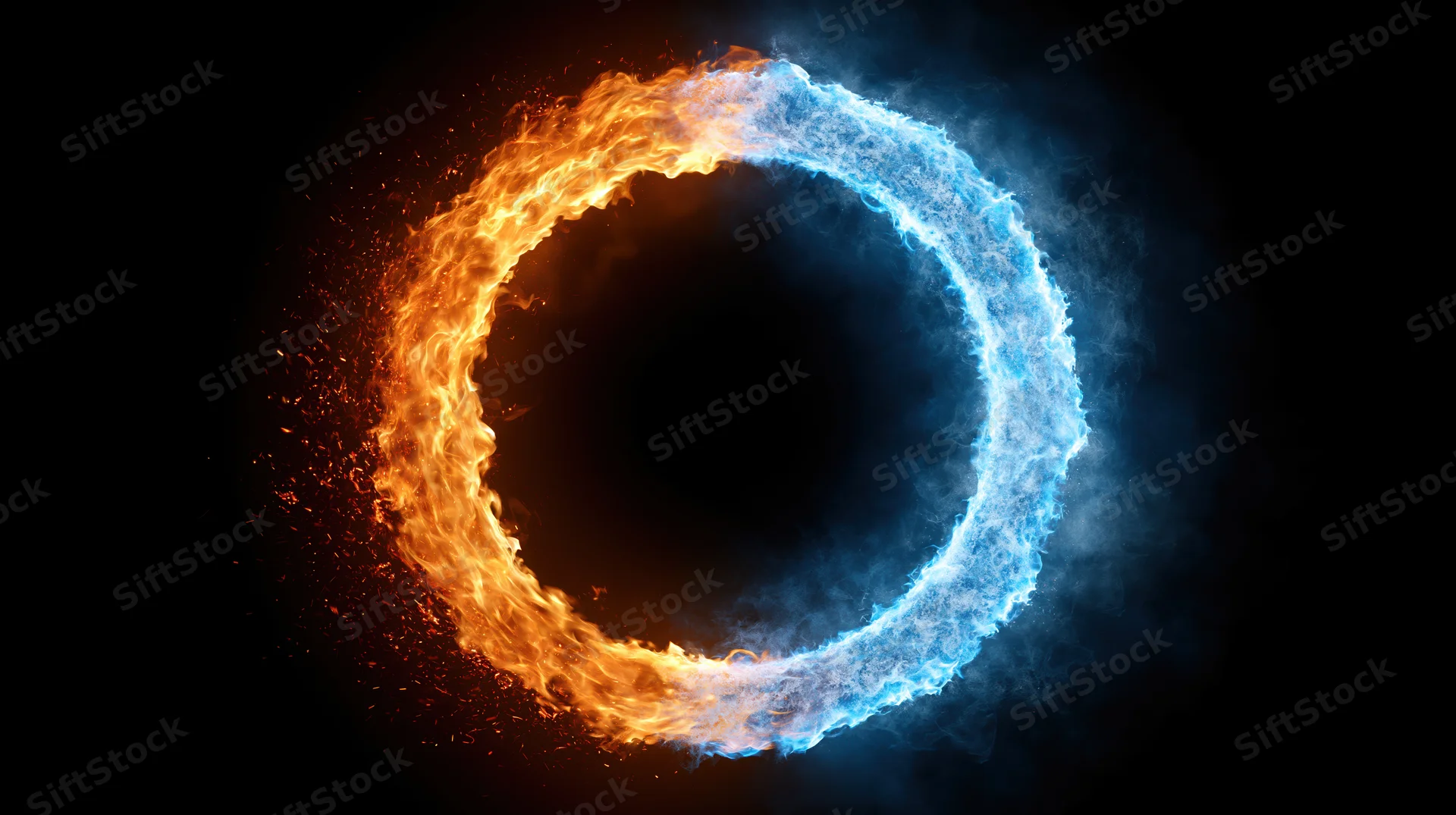 Circular ring of fire and ice flames forming a split circle against a dark background with copyspace