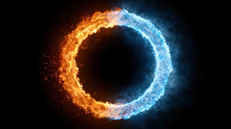 Circular ring of fire and ice flames forming a split circle against a dark background with copyspace
