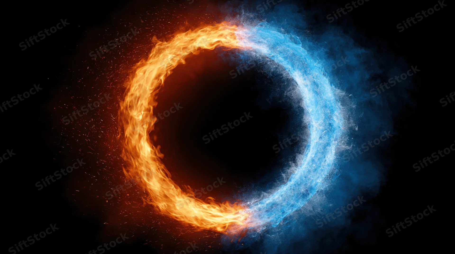 Circular ring of fire and ice forming a glowing dual-toned ring against black background