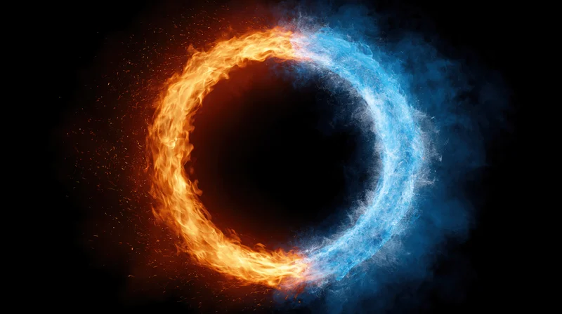Circular ring of fire and ice forming a glowing dual-toned ring against black background