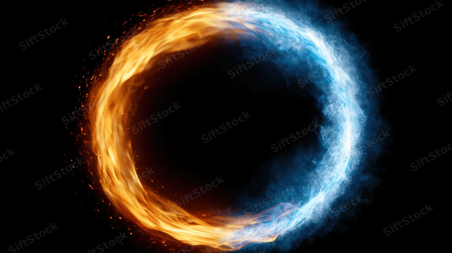 Circular ring of fire and ice swirling in contrast against black background