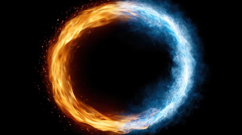 Circular ring of fire and ice swirling in contrast against black background