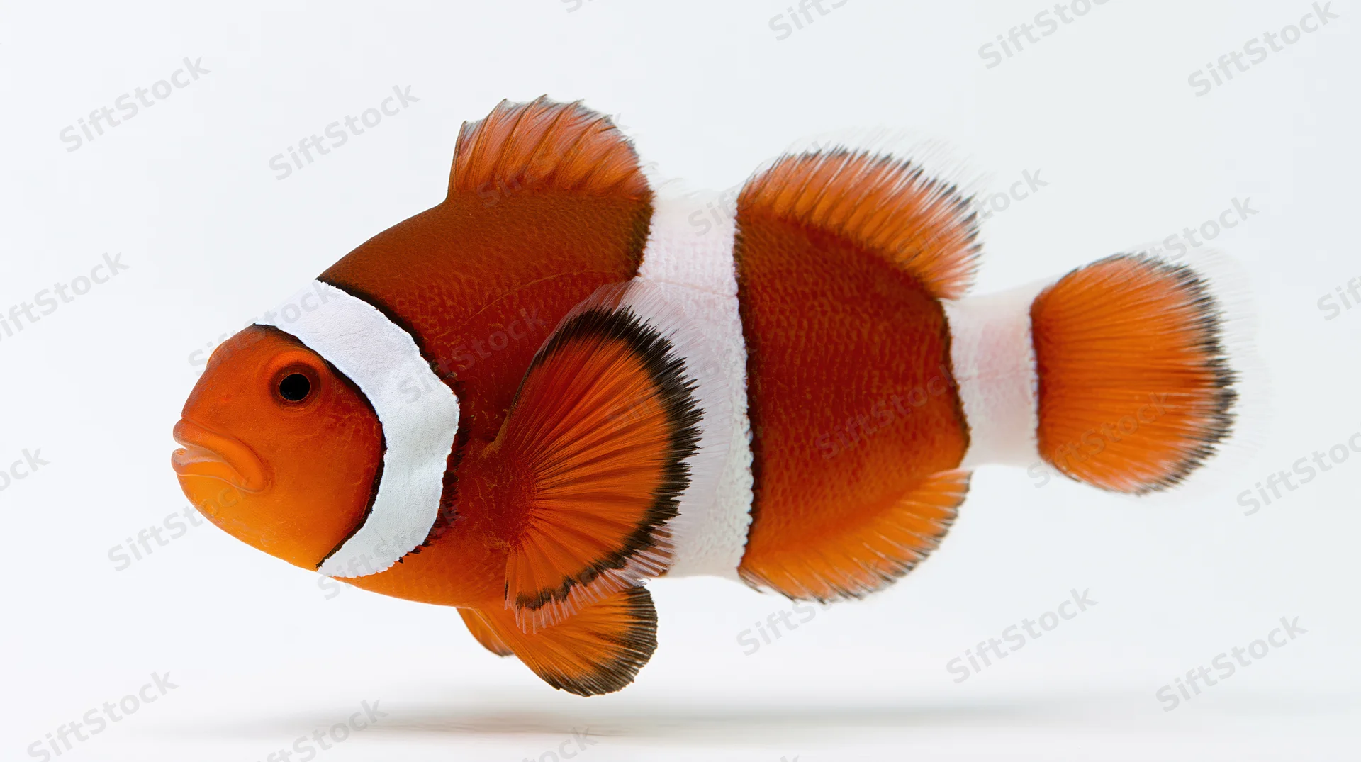 Clownfish swimming in profile isolated against white background