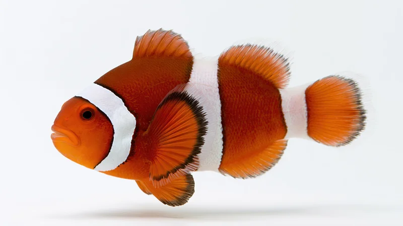 Clownfish swimming in profile isolated against white background