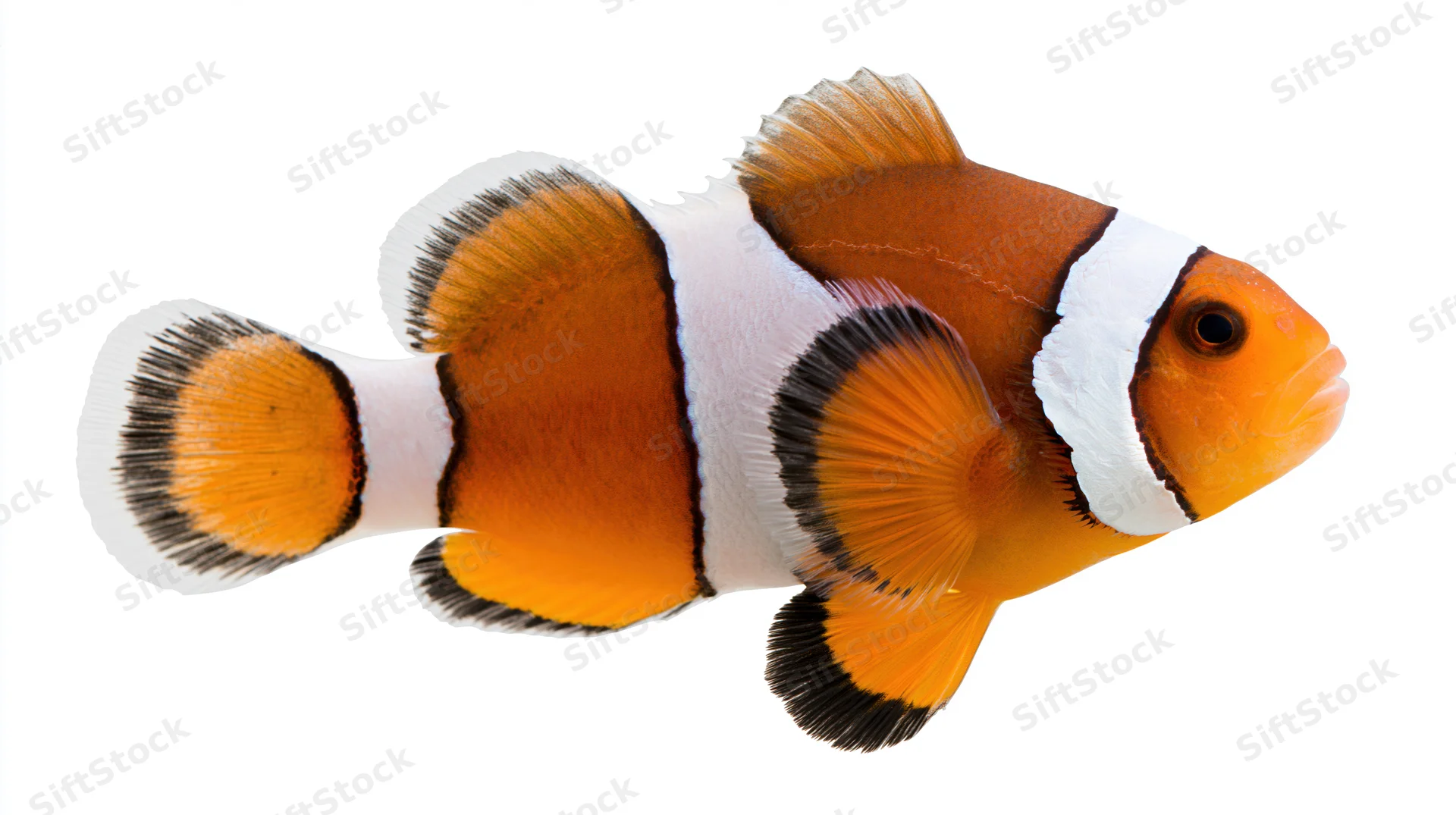 Clownfish swimming mid-frame isolated against a plain white background