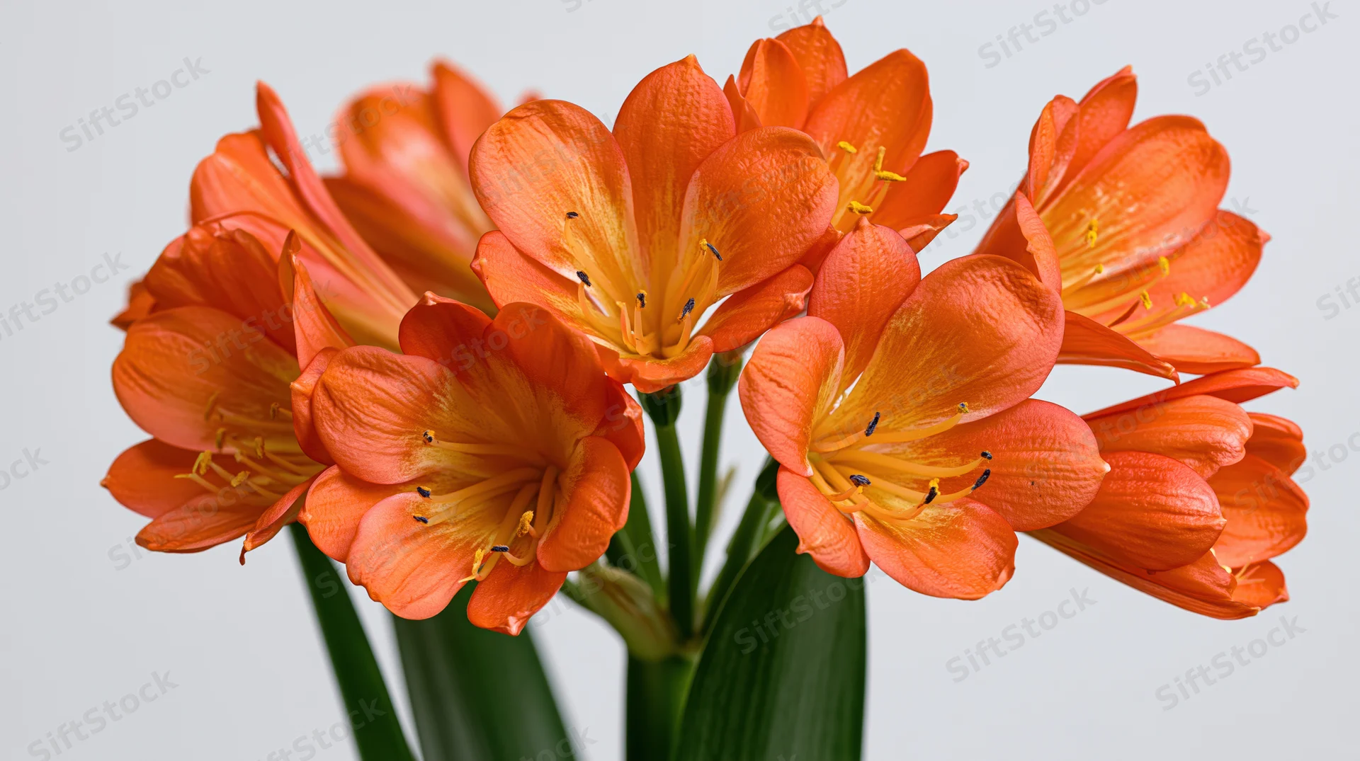 Cluster of orange clivia flowers in bloom with green stems and leaves against white background