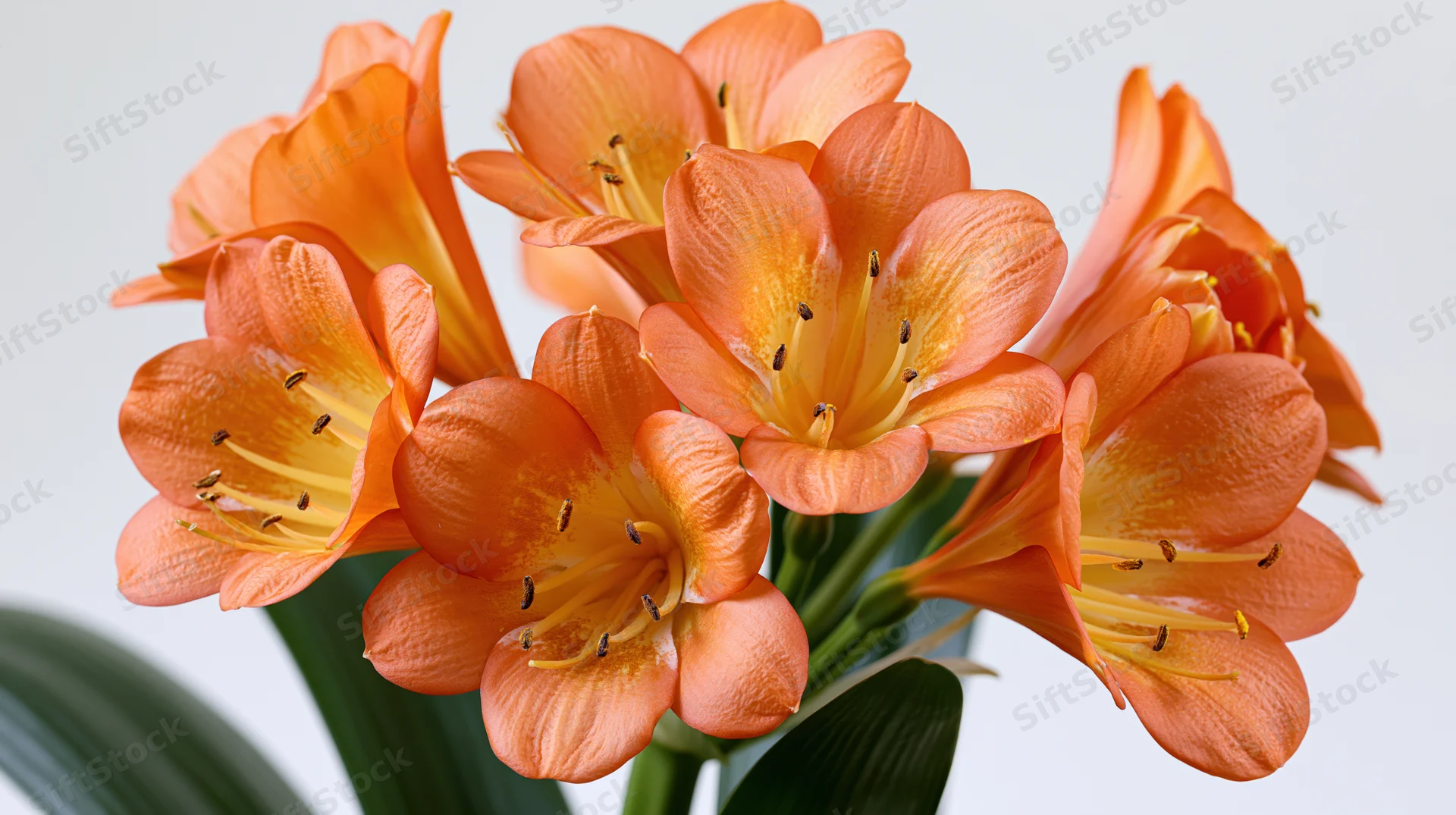 Cluster of orange clivia flowers in bloom with green leaves against white background