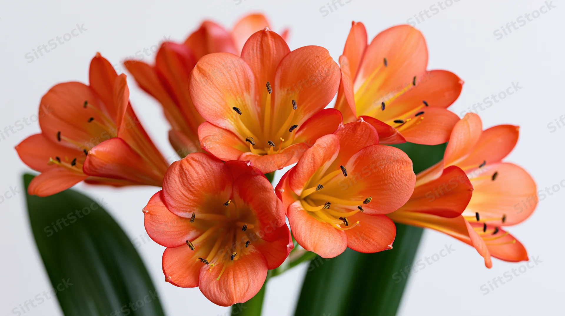 Cluster of orange clivia flowers in bloom with green leaves against white background