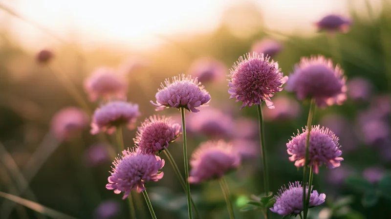 Pink and purple globe-shaped wildflowers blooming in a sunlit meadow at dusk