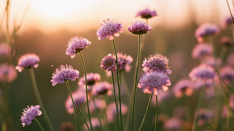 Pink and purple globe-shaped wildflowers blooming in a field at sunset