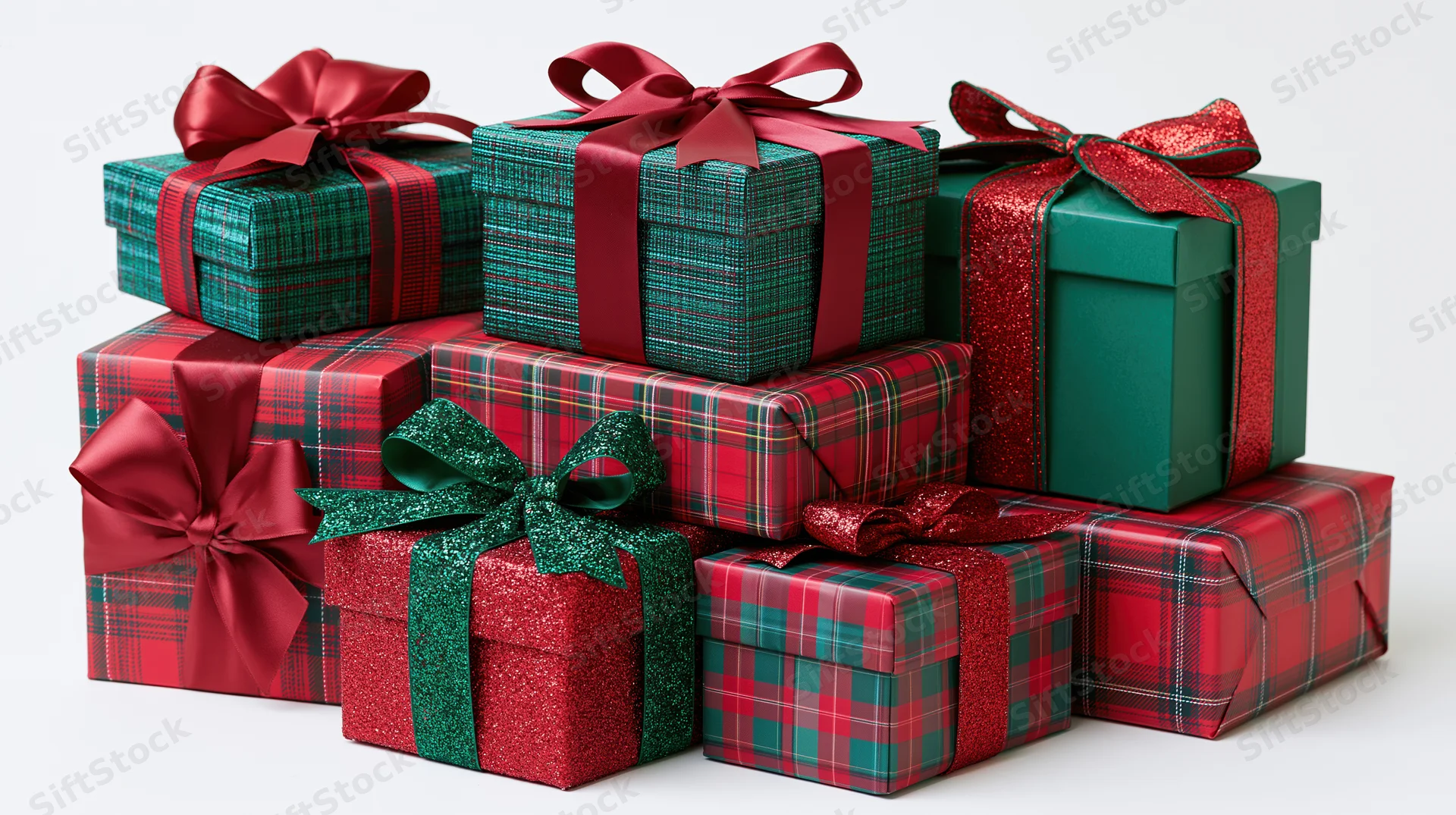 Stack of seven christmas gift boxes wrapped in red and green plaid paper with ribbons and bows on white background