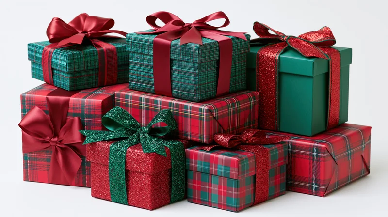 Stack of seven christmas gift boxes wrapped in red and green plaid paper with ribbons and bows on white background