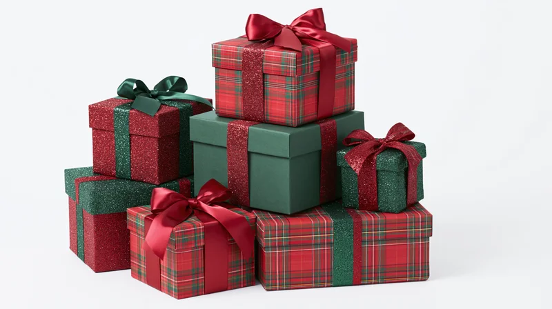 Seven christmas gift boxes stacked and arranged on white background