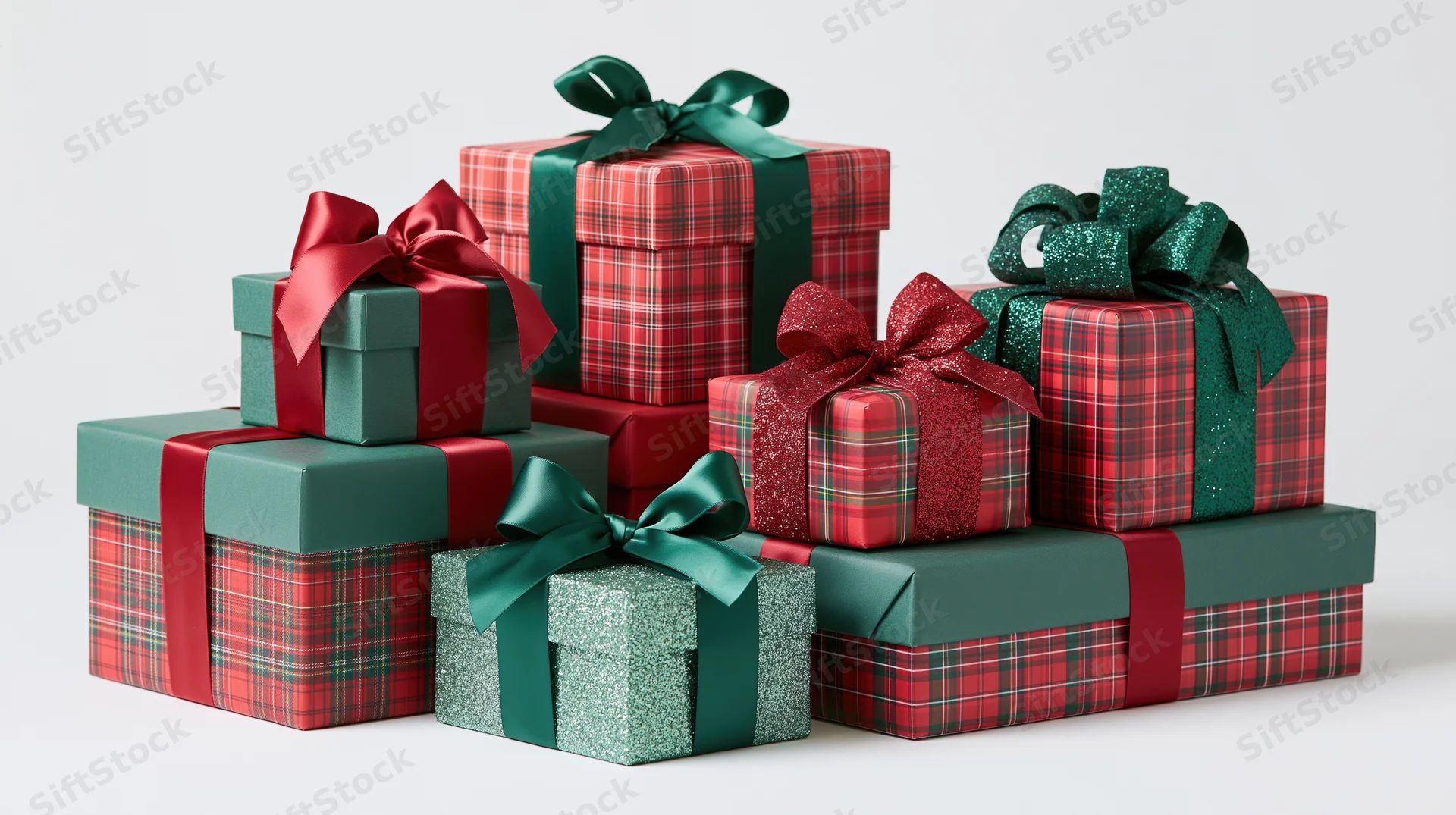 Seven christmas gift boxes stacked and arranged with red and green plaid wrapping and ribbons on white background