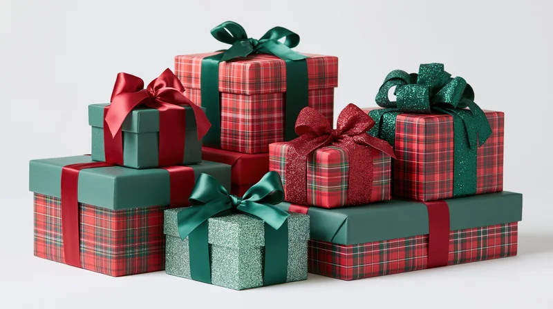 Seven christmas gift boxes stacked and arranged with red and green plaid wrapping and ribbons on white background