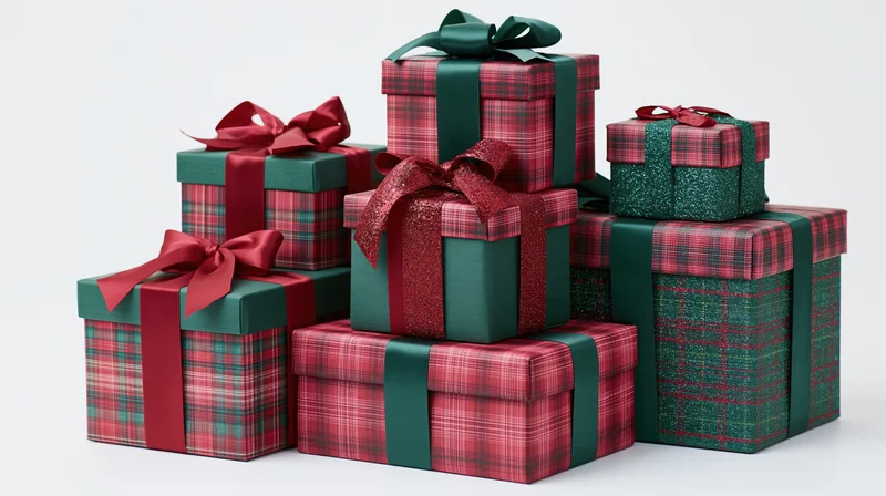 Seven christmas gift boxes stacked and arranged in plaid wrapping with red and green ribbons on white background