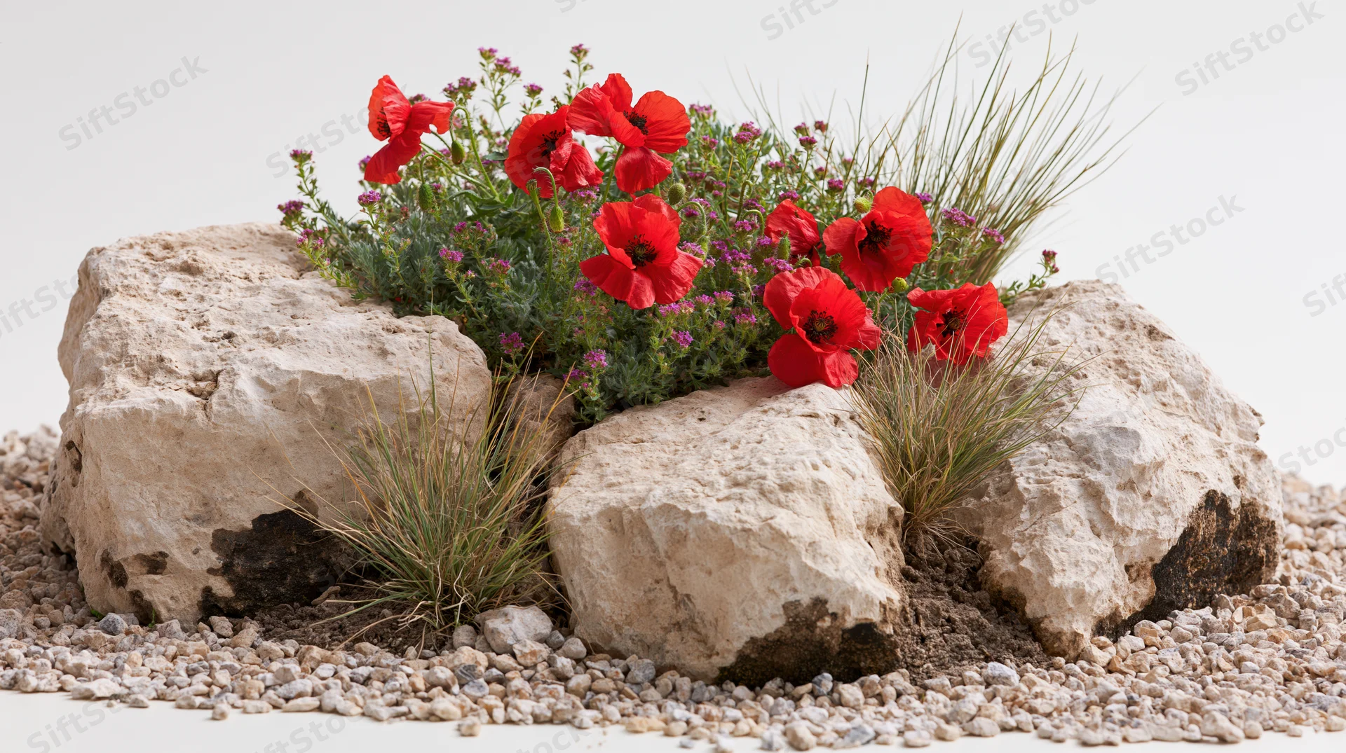 Red poppies and purple wildflowers growing among rocks and gravel in a garden arrangement
