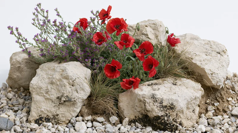 Red poppies and purple wildflowers growing among rocks and gravel on a white background