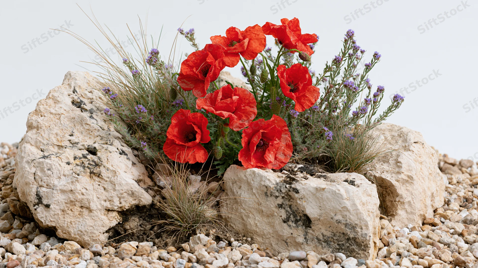 Red poppies and purple wildflowers blooming among rocks and gravel