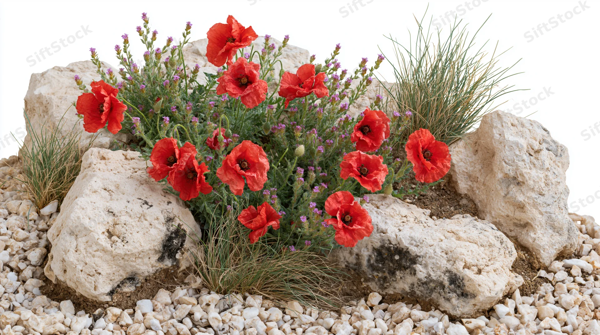 Red poppies and purple wildflowers growing among rocks and gravel in a garden setting